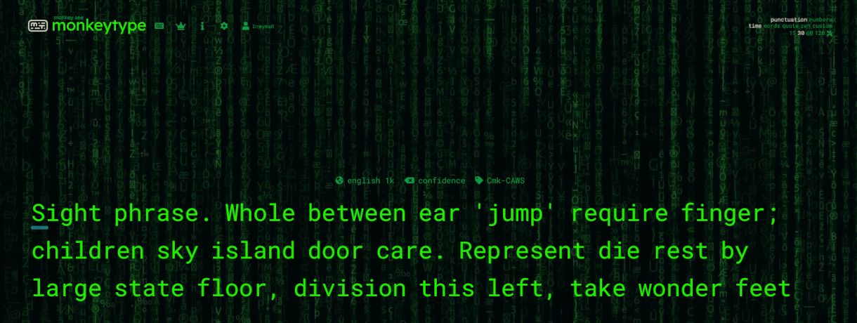 Monkeytype using the Viper theme and a Matrix background image